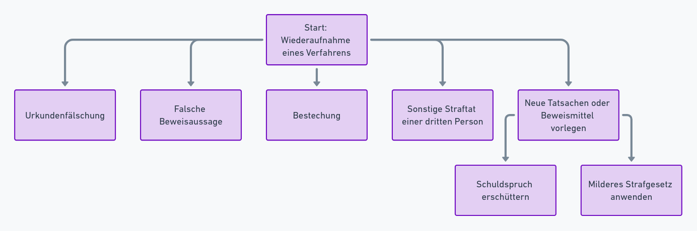 Gründe für die Wiederaufnahme eines Verfahrens: Urkundenfälschung, falsche Beweisaussage, Bestechung, sonstige Straftat einer dritten Person sowie neue Tatsachen oder Beweismittel, die den Schuldspruch erschüttern oder ein milderes Strafgesetz zur Anwendung bringen